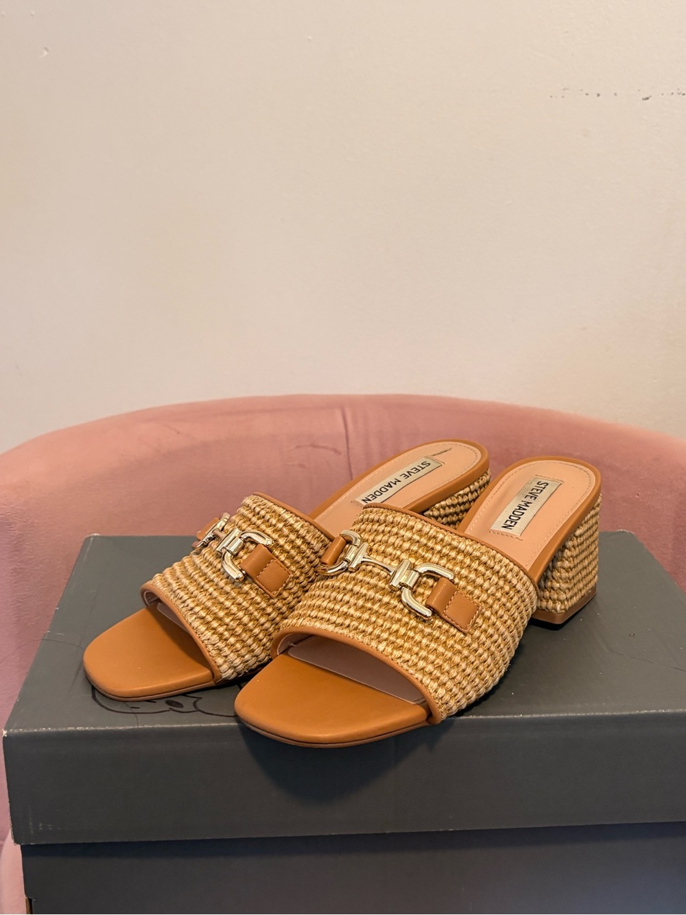 Steve Madden Tan Woven Mule Heels with Gold Hardware